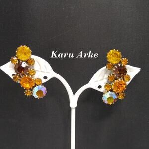 Karu Arke Rhinestones Clip Earrings, Topaz AB Austrian Crystals, 1950s
